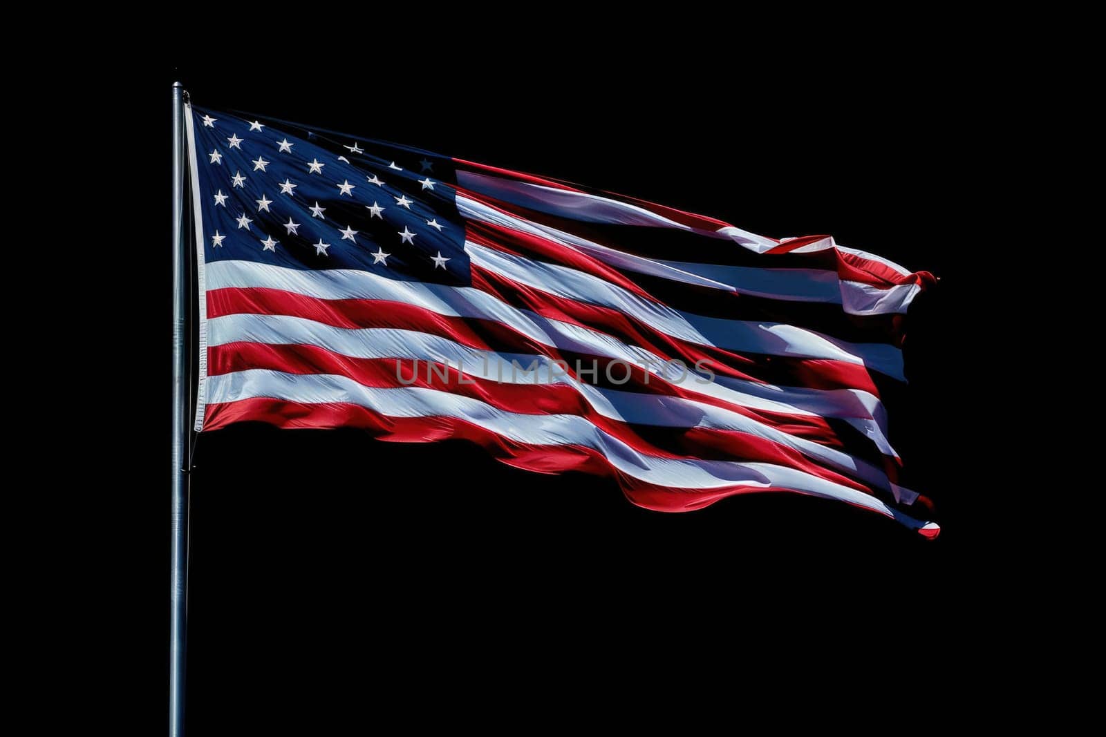 Isolated American flag with stars and stripes waving in wind on pole against black background. AI Generated.