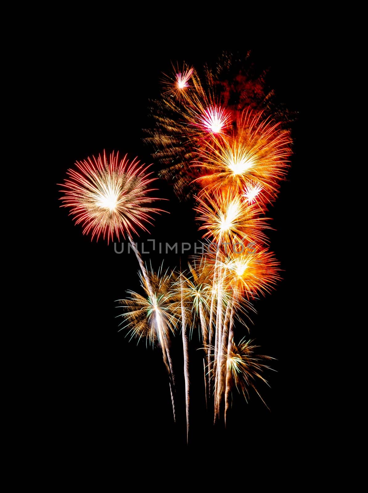 Beautiful fireworks display isolated on black background for celebration and anniversary