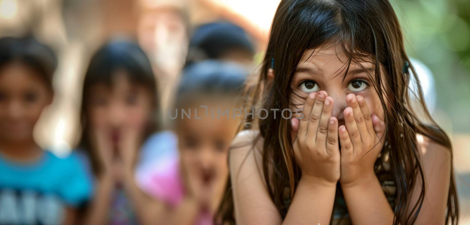 A playful child hides her face with her hands, peeking through her fingers with a hint of a smile, surrounded by a blurred backdrop of her peers. The moment captures the essence of playful innocence