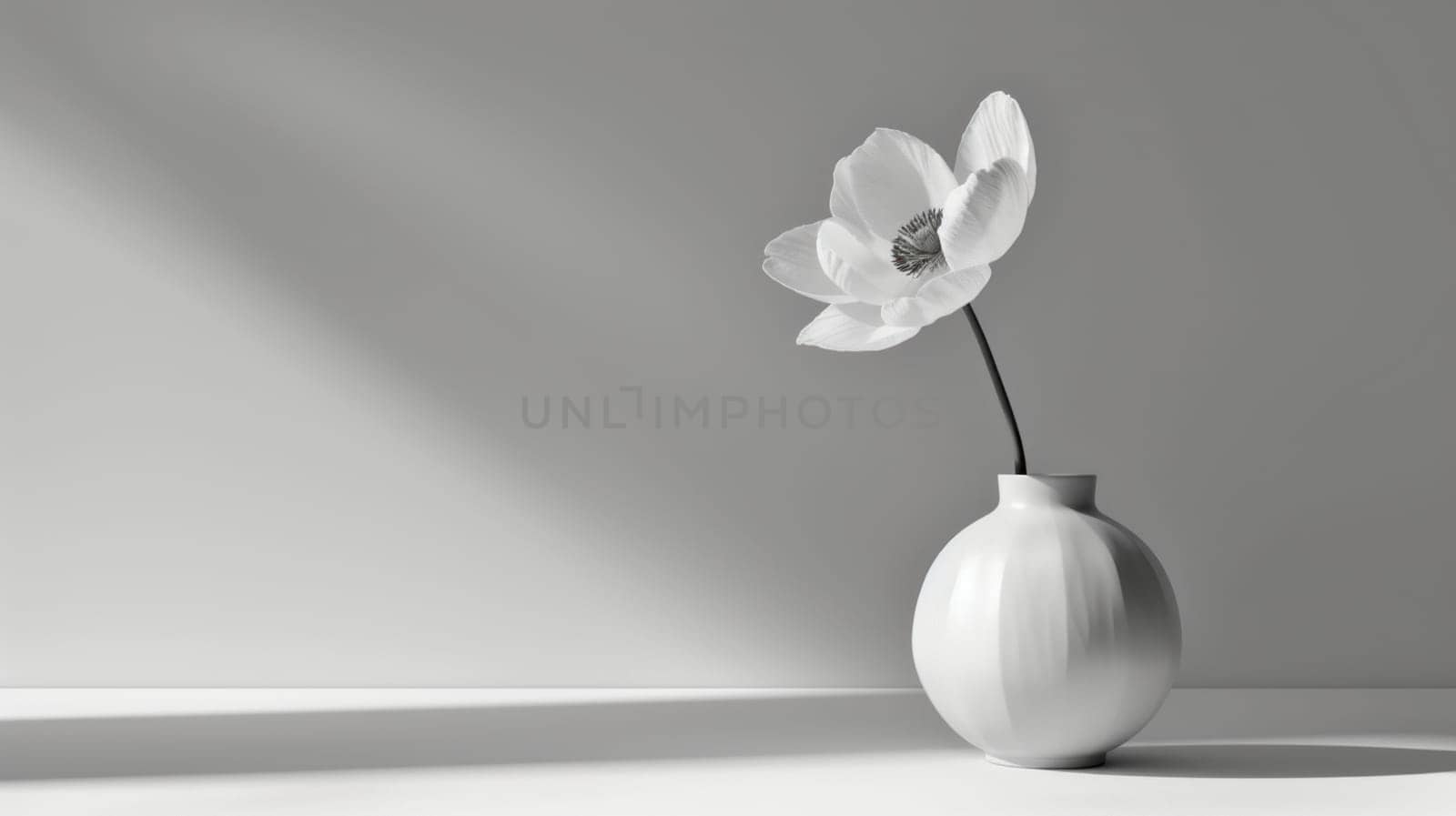 Still life of white flower. Copy space. Created using AI generated technology and image editing software.