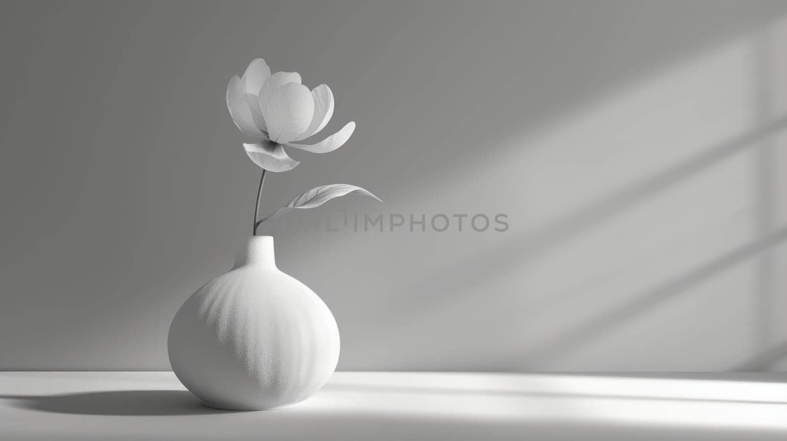 Still life of white flower. Copy space. Created using AI generated technology and image editing software.