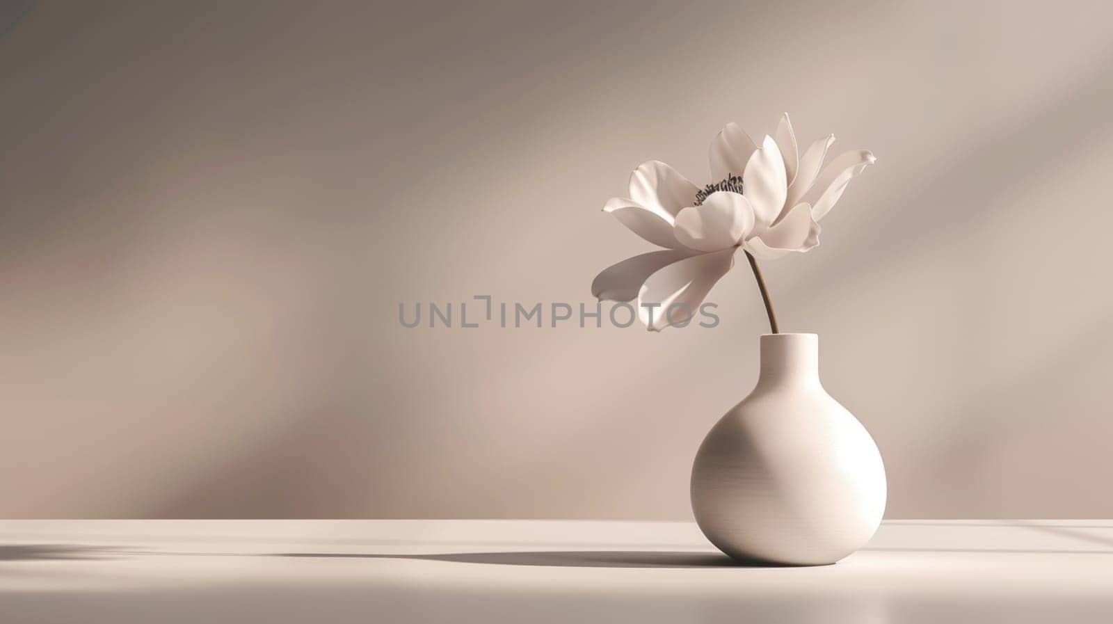 Still life of flower in beige vase. Copy Space. Created using AI generated technology and image editing software.