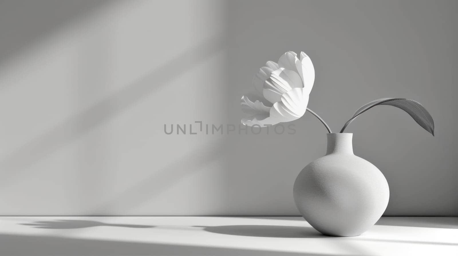 Still life of white flower. Copy space. Created using AI generated technology and image editing software.
