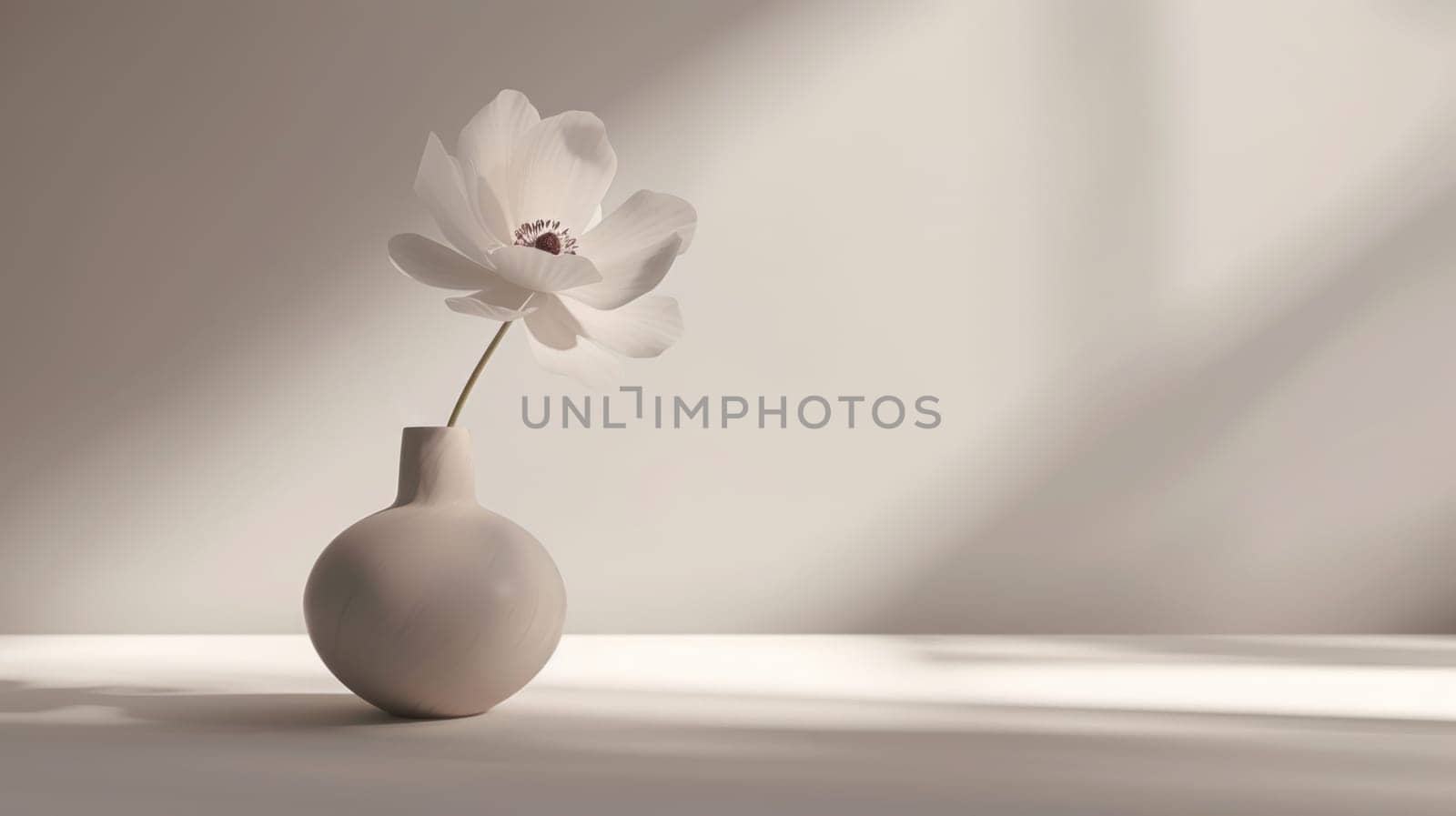 Still life of flower in beige vase. Copy Space. Created using AI generated technology and image editing software.