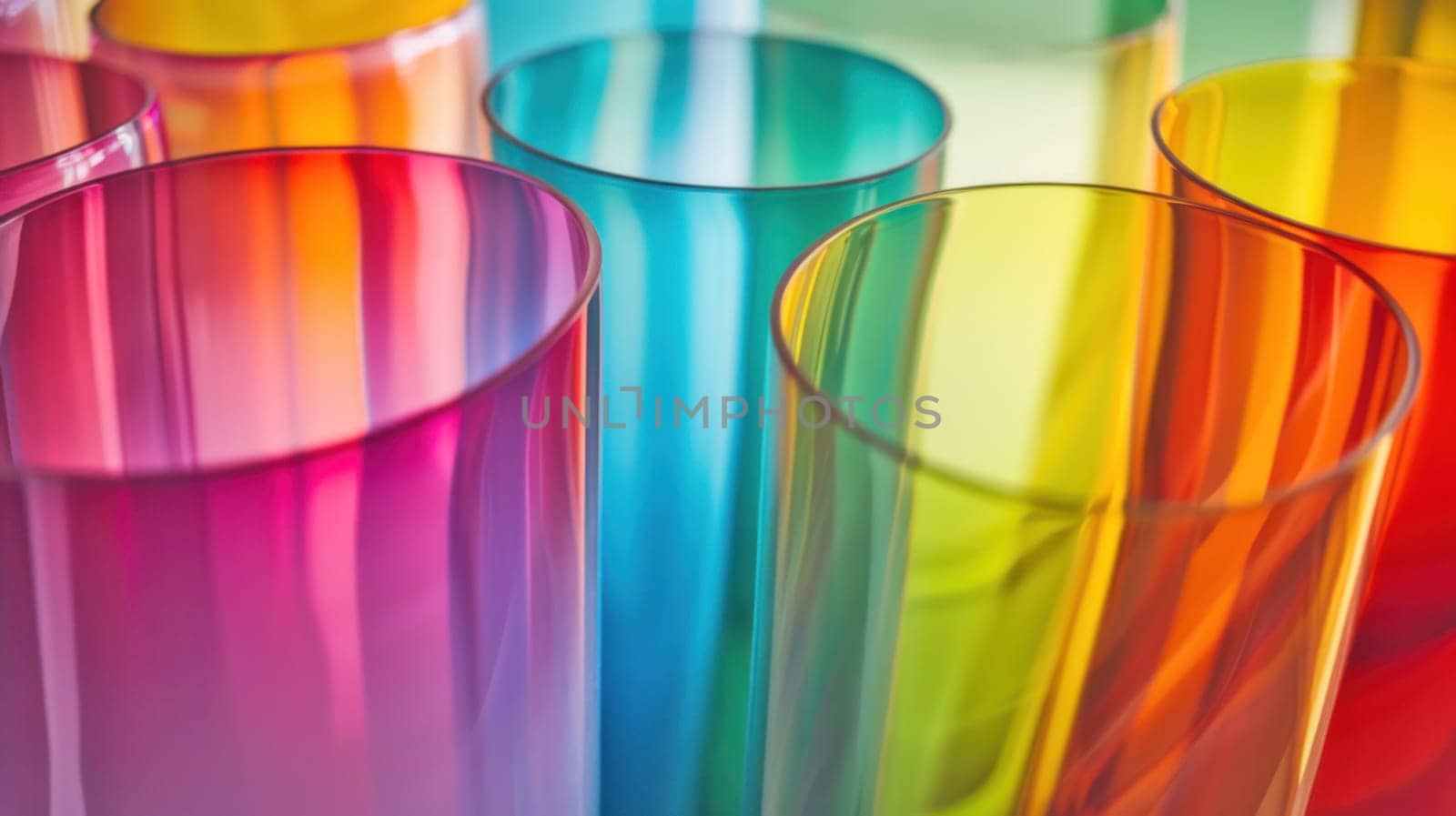 Colorful glass cylinders. Created using AI generated technology and image editing software.