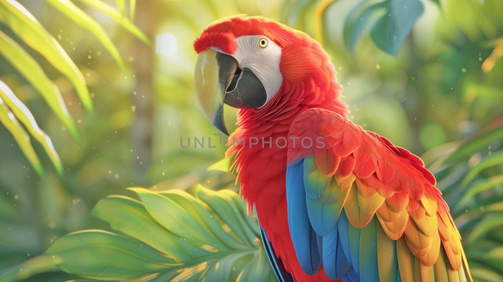 Red Macaw in lush foliage portrait. Created using AI generated technology and image editing software.