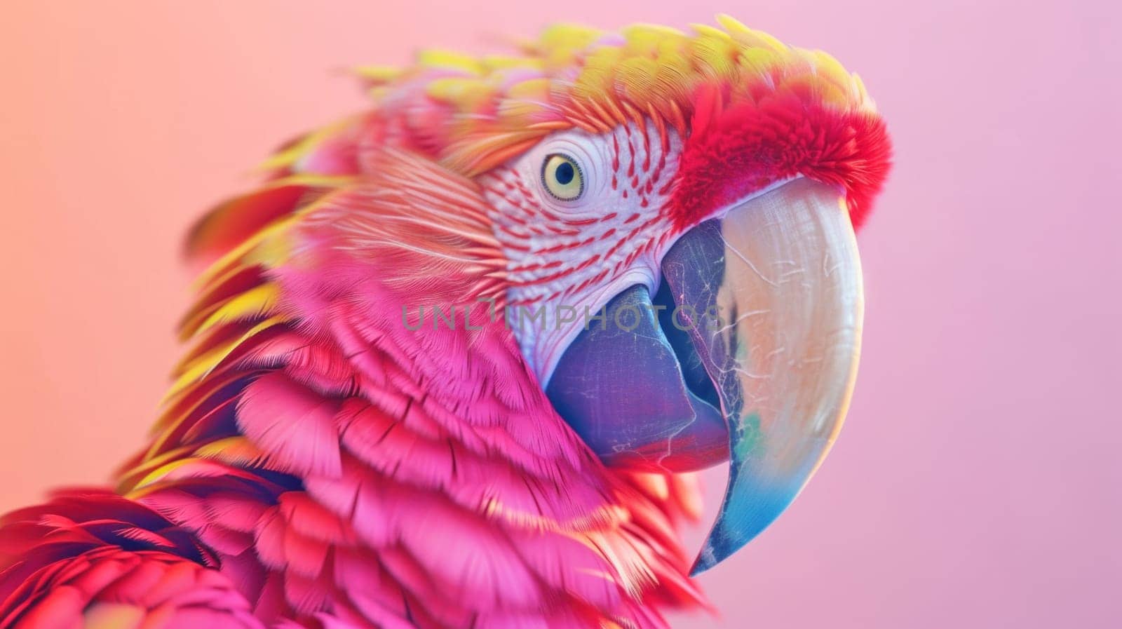 Face shot of a synthetic pink macaw. Created using AI generated technology and image editing software.