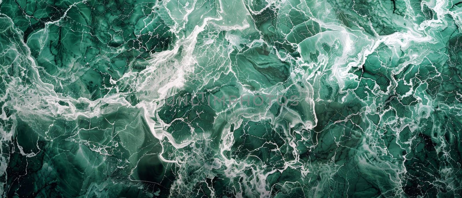 This panoramic image features a vast expanse of crystalline green marble, with a complex network of fractures and veins that create a breathtaking natural mosaic