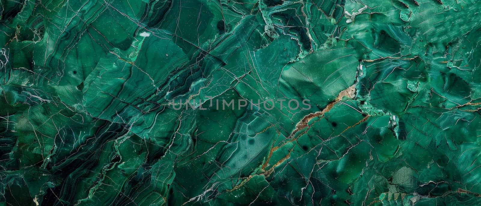 This panoramic image features a vast expanse of crystalline green marble, with a complex network of fractures and veins that create a breathtaking natural mosaic