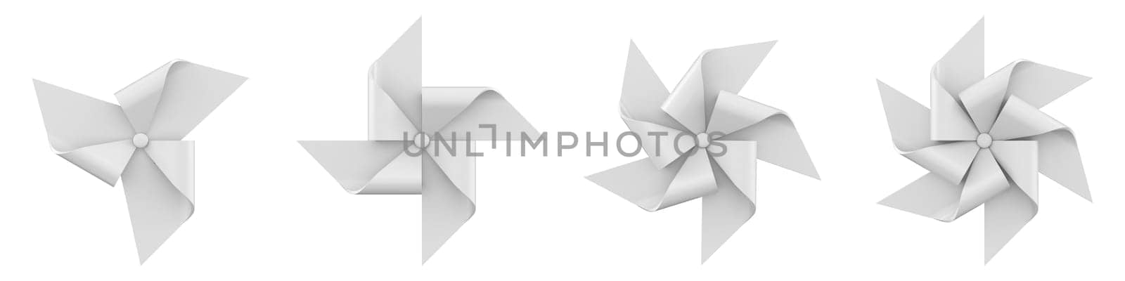 Collection of white pinwheels 3D rendering illustration isolated on white background