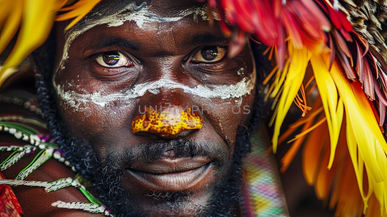 A man with his face painted in traditional patterns and wearing feathers on his head. He appears to be participating in a cultural or ceremonial event, showing pride and connection to his heritage.