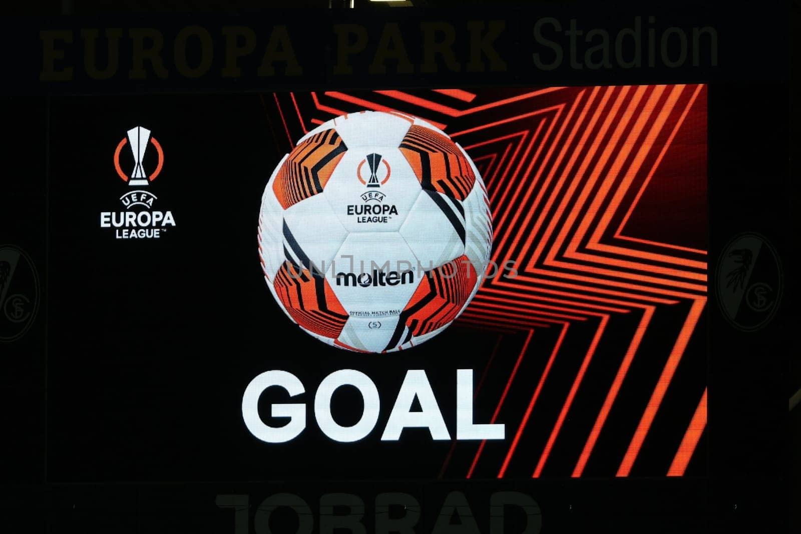 Scoreboard in the stadium at the Europa League match with the goal indication at the match of the Football Europa League - Qualification 1/8 Final,SC Freiburg vs RC Lens