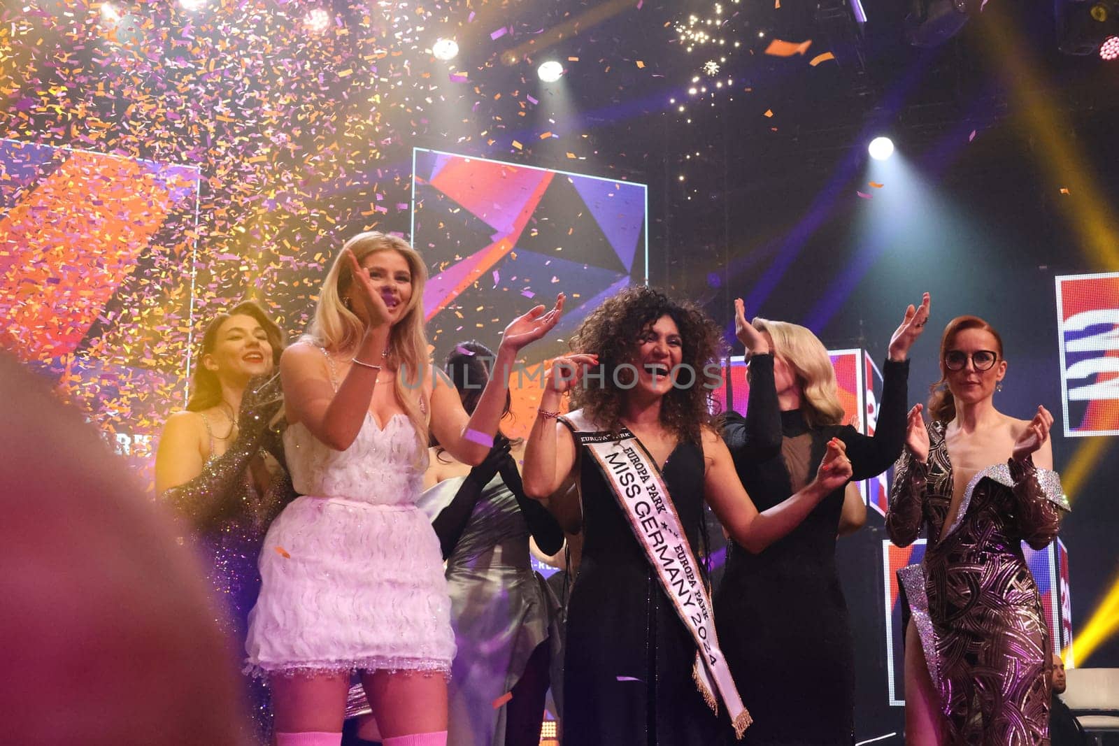 The colleagues celebrate and congratulate Apameh Schönauer (Berlin),39 years,Successful architect and activist for women's rights wins the election of the Miss Germany Award 2024 - Europapark Rust - The final at Europapark Rust - On Saturday,04 March 2023,the title "Miss Germany"" was awarded for the 20th time at Europapark. 900 guests attended the proclamation at the DOME,and more than 100 media representatives from the press,radio and television were accredited."