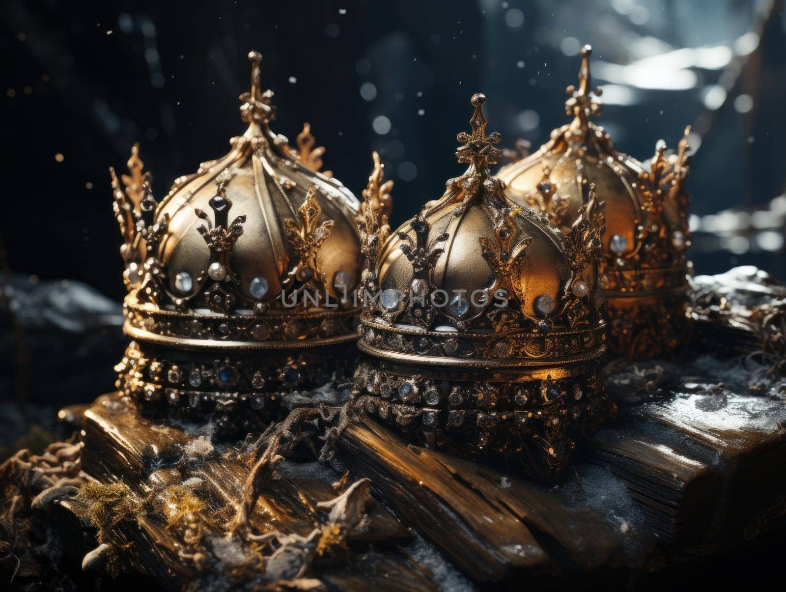 three golden royal crowns with precious stones.Crown for the king