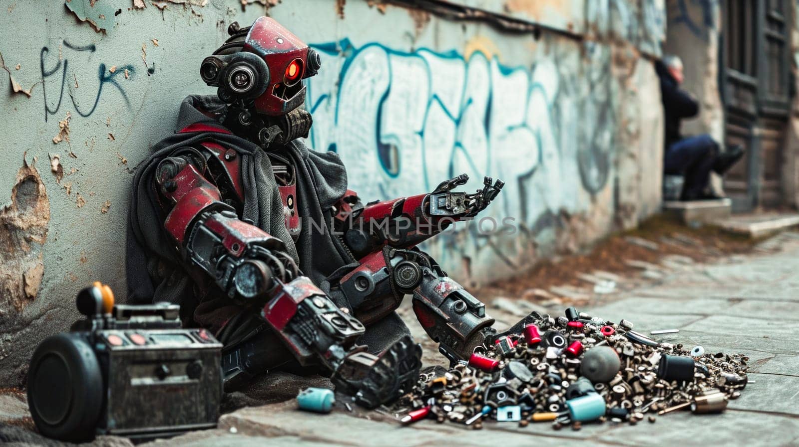 An old, unwanted Robot sits among collected parts, screws and nuts near a wall .Great for environmental campaigns or themes related to urban decay