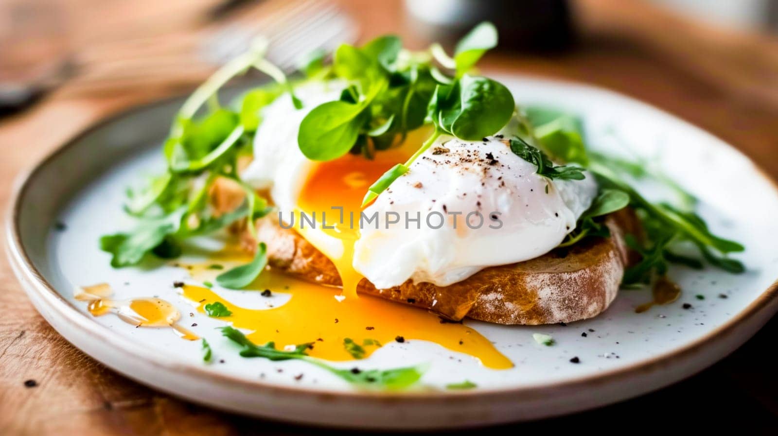 Poached egg on top of toast and fresh herbs, with yolk dripping down the side. Adaptation for culinary topics and cookbooks.