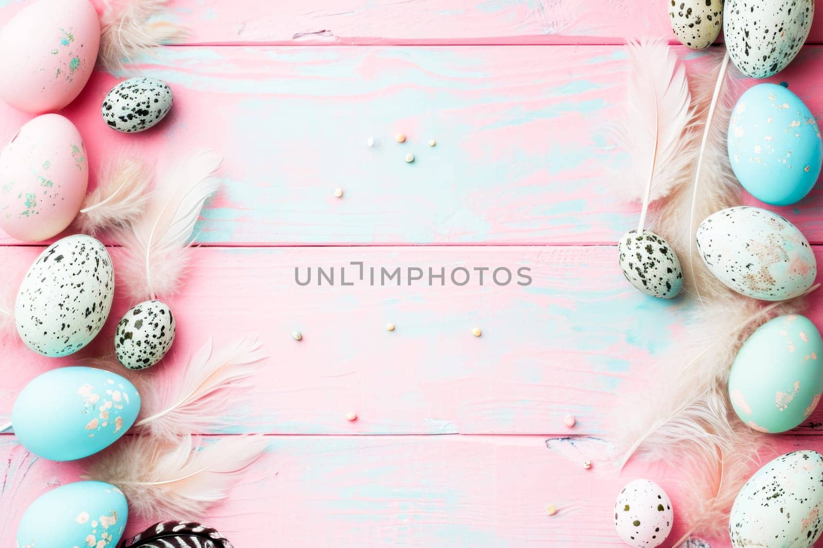 Banner. A set of Easter eggs and feathers in pastel colors placed on a pink wooden surface.