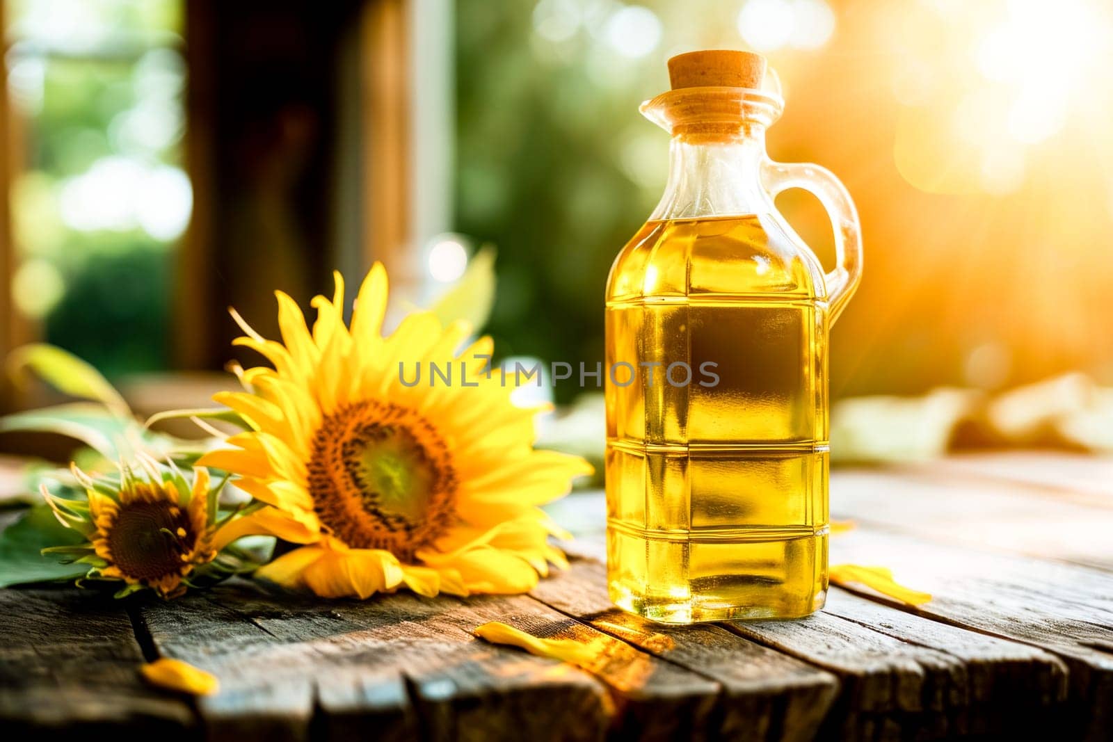 A rustic bottle of sunflower oil with a blooming sunflower beside it, on a wooden surface.
