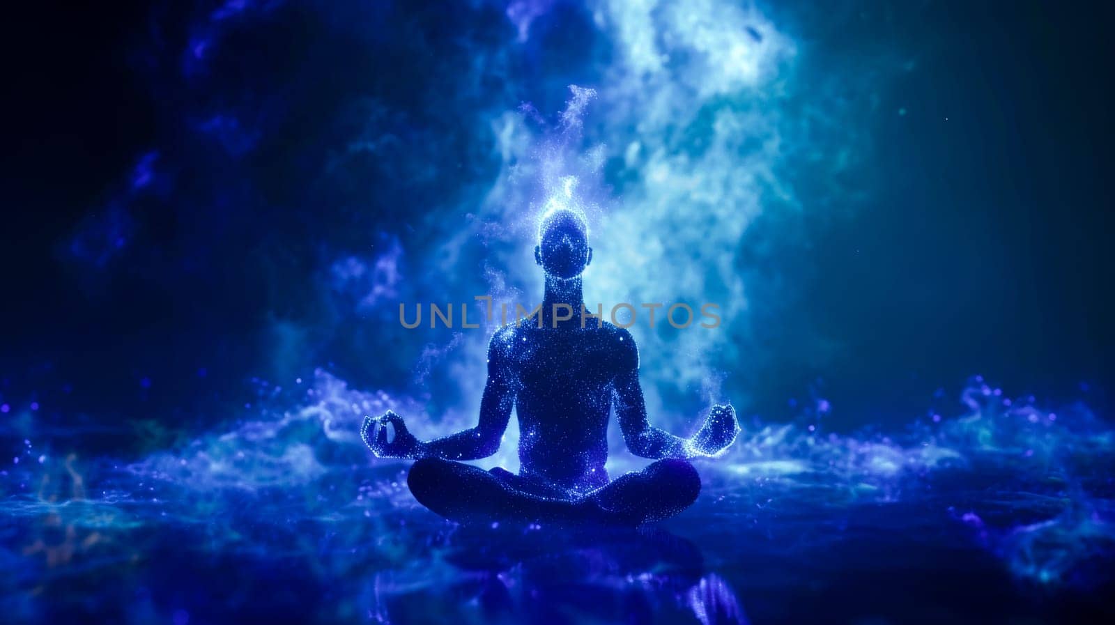 A human silhouette meditating in cosmos with stars, embodying tranquility.