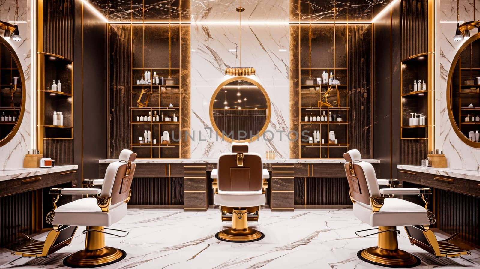 A sophisticated hair salon decorated in dark wood tones and luxurious gold accents.