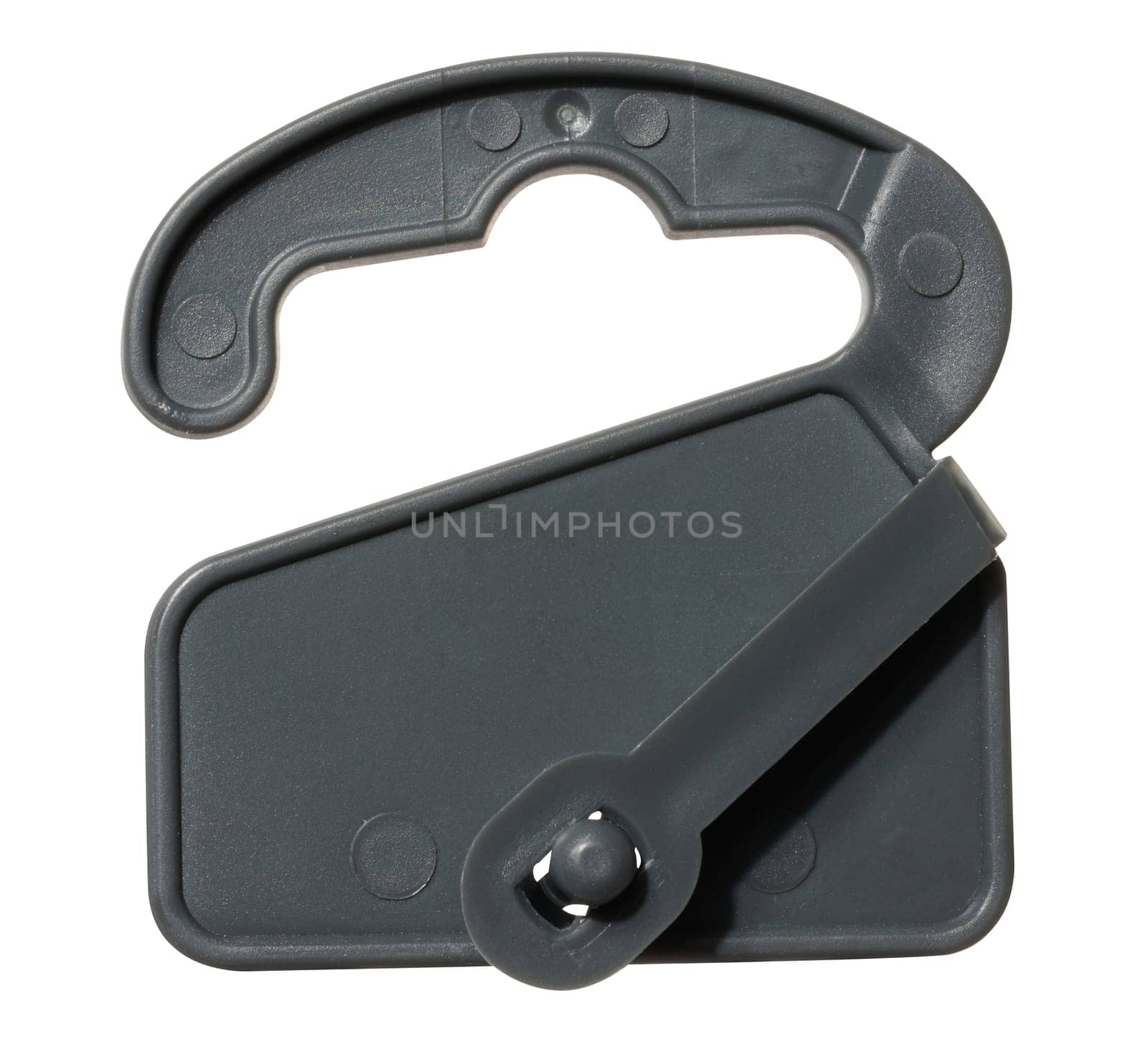 Black plastic hook for socks and underwear on a white isolated background, close up