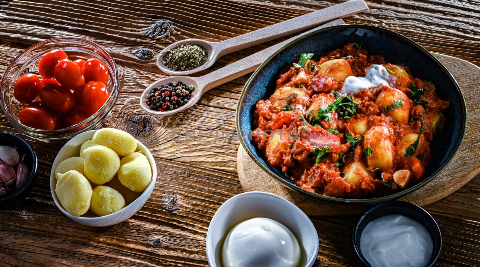 Creamy tomato gnocchi with burrata, basil and garlic.
