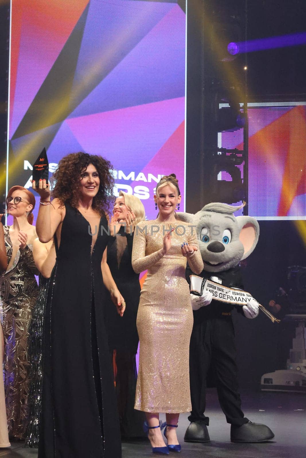 Apameh Schönauer (Berlin) is the new Miss Germany 2024 - here after the announcement of the election with her predecessor,Kira Geiss and the Euromaus at the Miss Germany Awards 2024 - Europapark Rust - The final at Europapark Rust - On Saturday,04 March 2023,the title "Miss Germany"" was awarded for the 20th time in Europapark. 900 guests attended the proclamation at the DOME,and more than 100 media representatives from the press,radio and television were accredited."