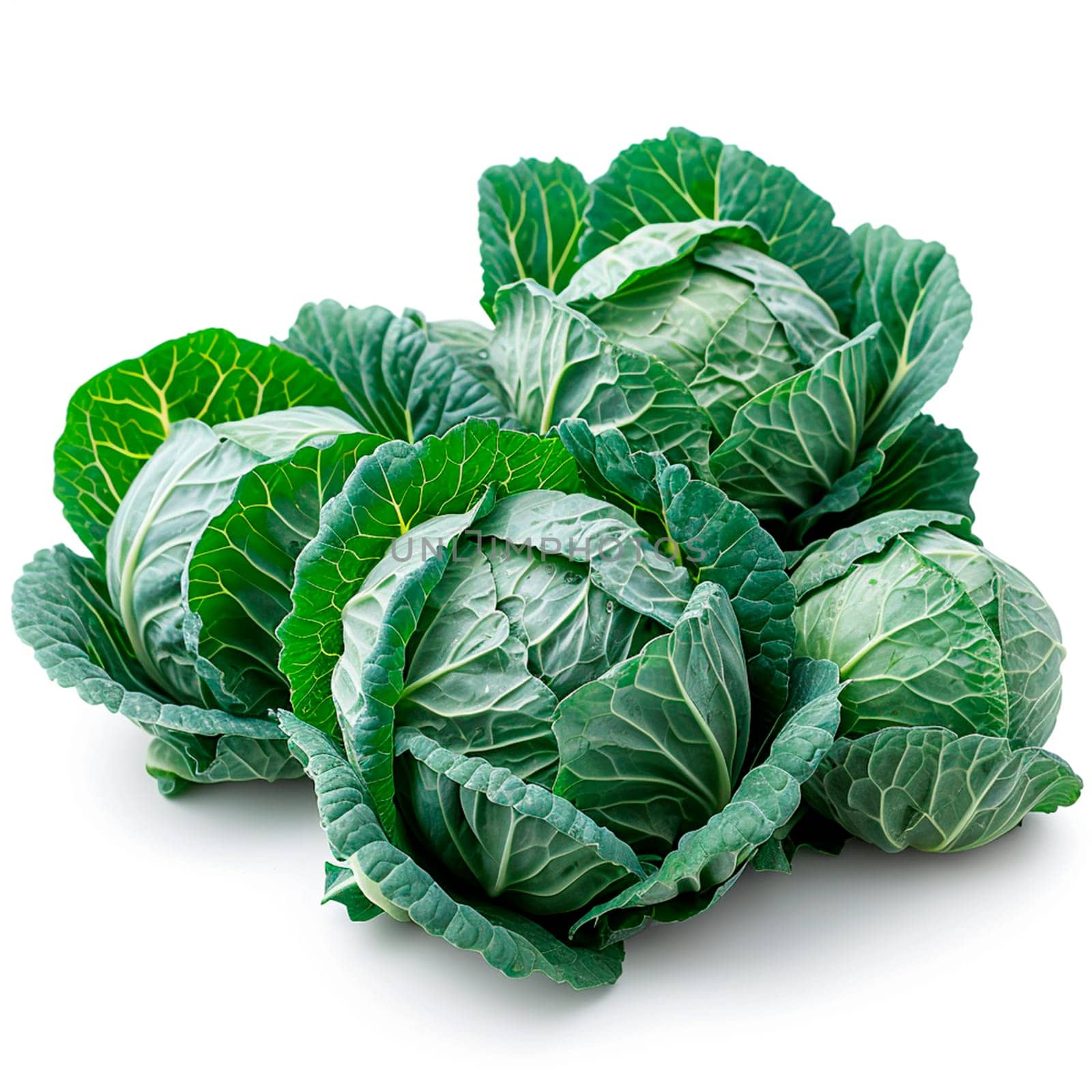 Heads of young cabbage with leaves close-up. Eco food concept, white isolated background AI generated image