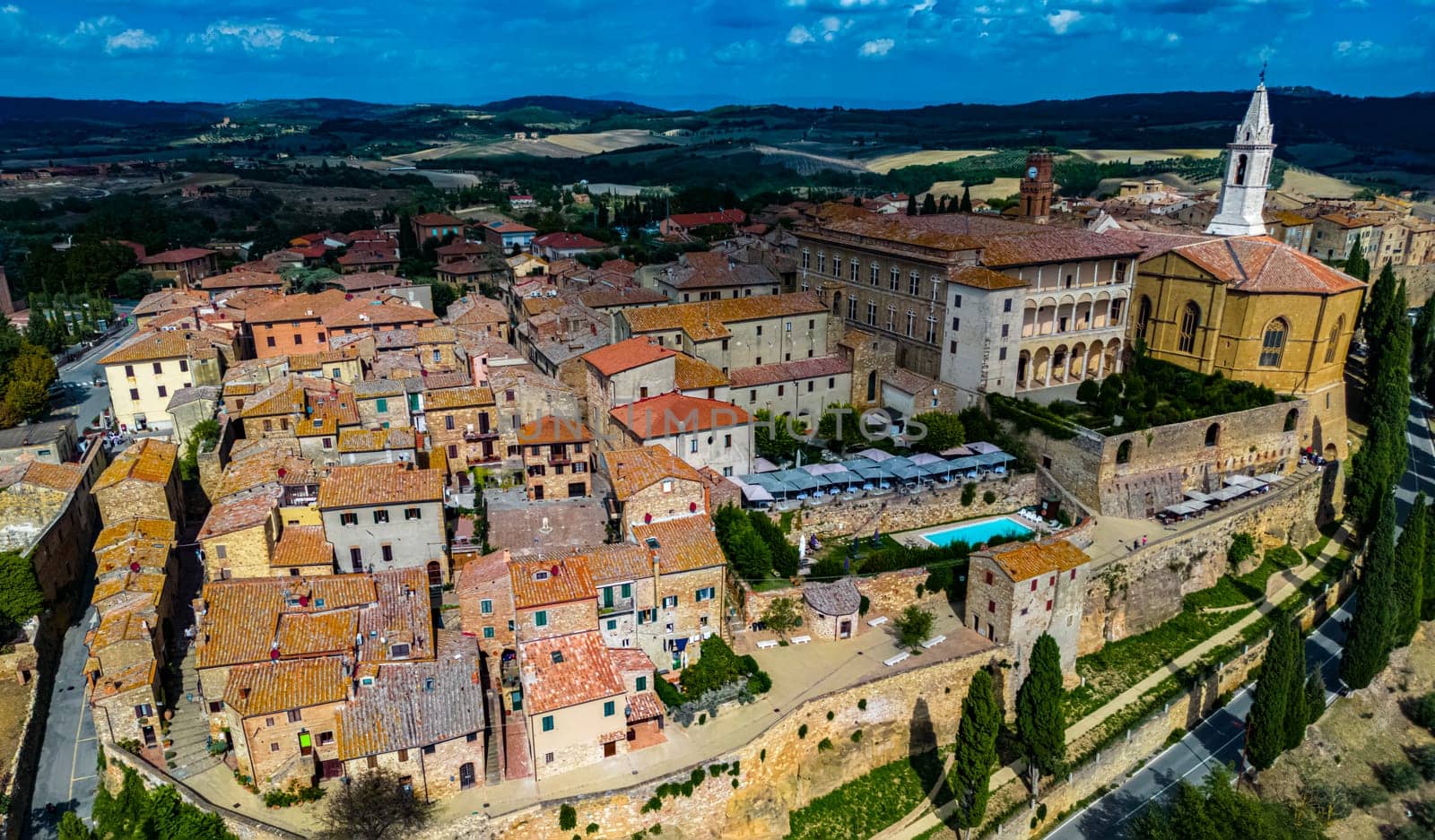 Aerial view of Pienza, a town in the province of Siena, Tuscany, in the historical region of Val d'Orcia, Italy. UNESCO World Heritage Site