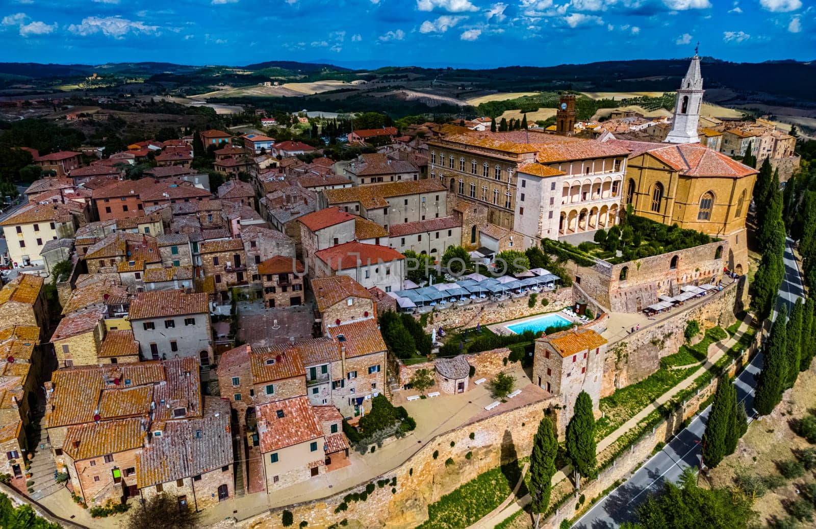 Aerial view of Pienza, a town in the province of Siena, Tuscany, in the historical region of Val d'Orcia, Italy. UNESCO World Heritage Site