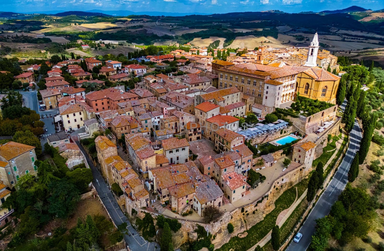 Aerial view of Pienza, a town in the province of Siena, Tuscany, in the historical region of Val d'Orcia, Italy. UNESCO World Heritage Site