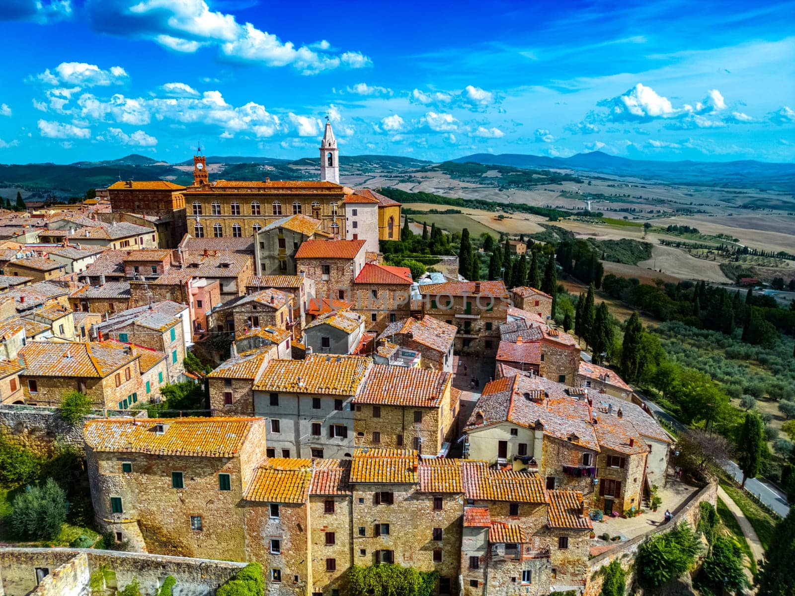 Aerial view of Pienza, a town in the province of Siena, Tuscany, in the historical region of Val d'Orcia, Italy. UNESCO World Heritage Site