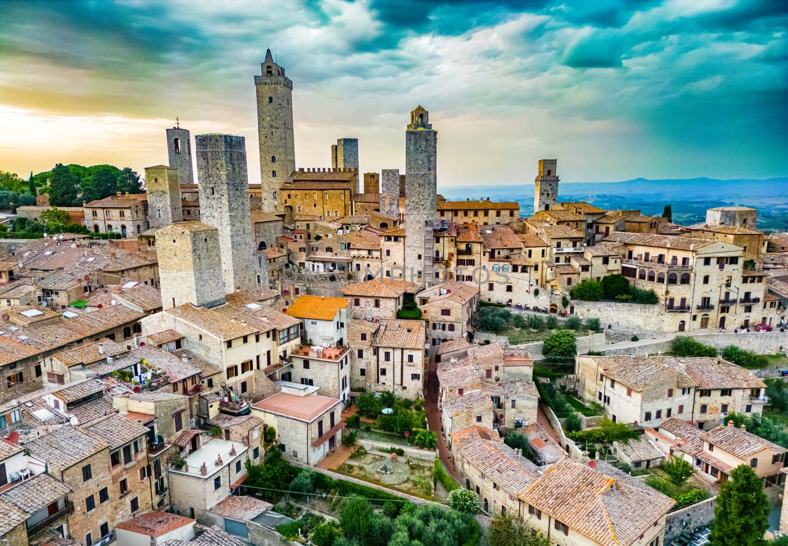 Aerial view of San Gimignano, a walled medieval hill town in the province of Siena, Tuscany, Italy