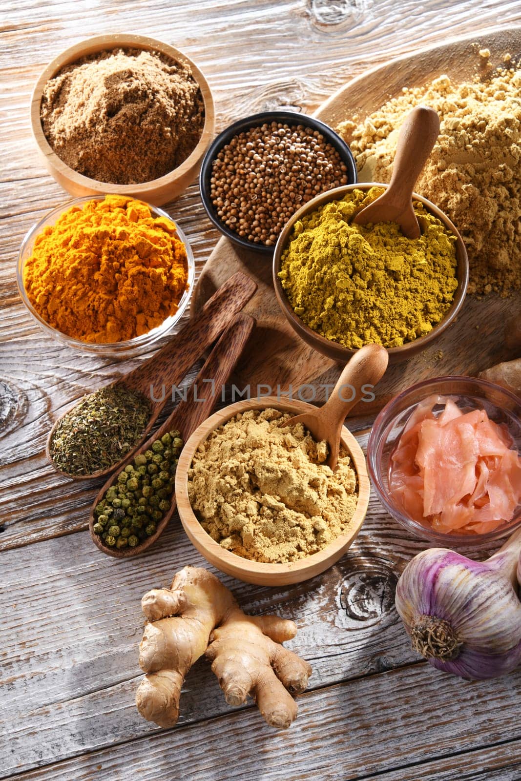 Composition with assortment of spices and herbs.