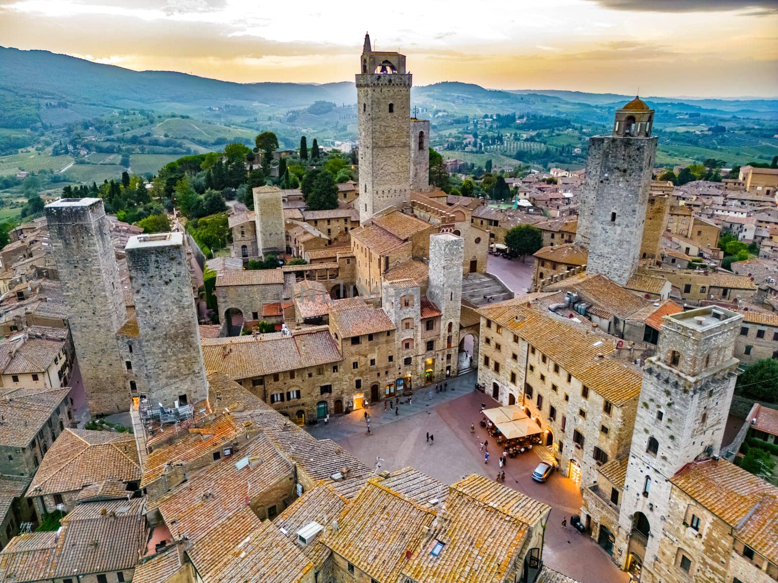 Aerial view of San Gimignano, a walled medieval hill town in the province of Siena, Tuscany, Italy