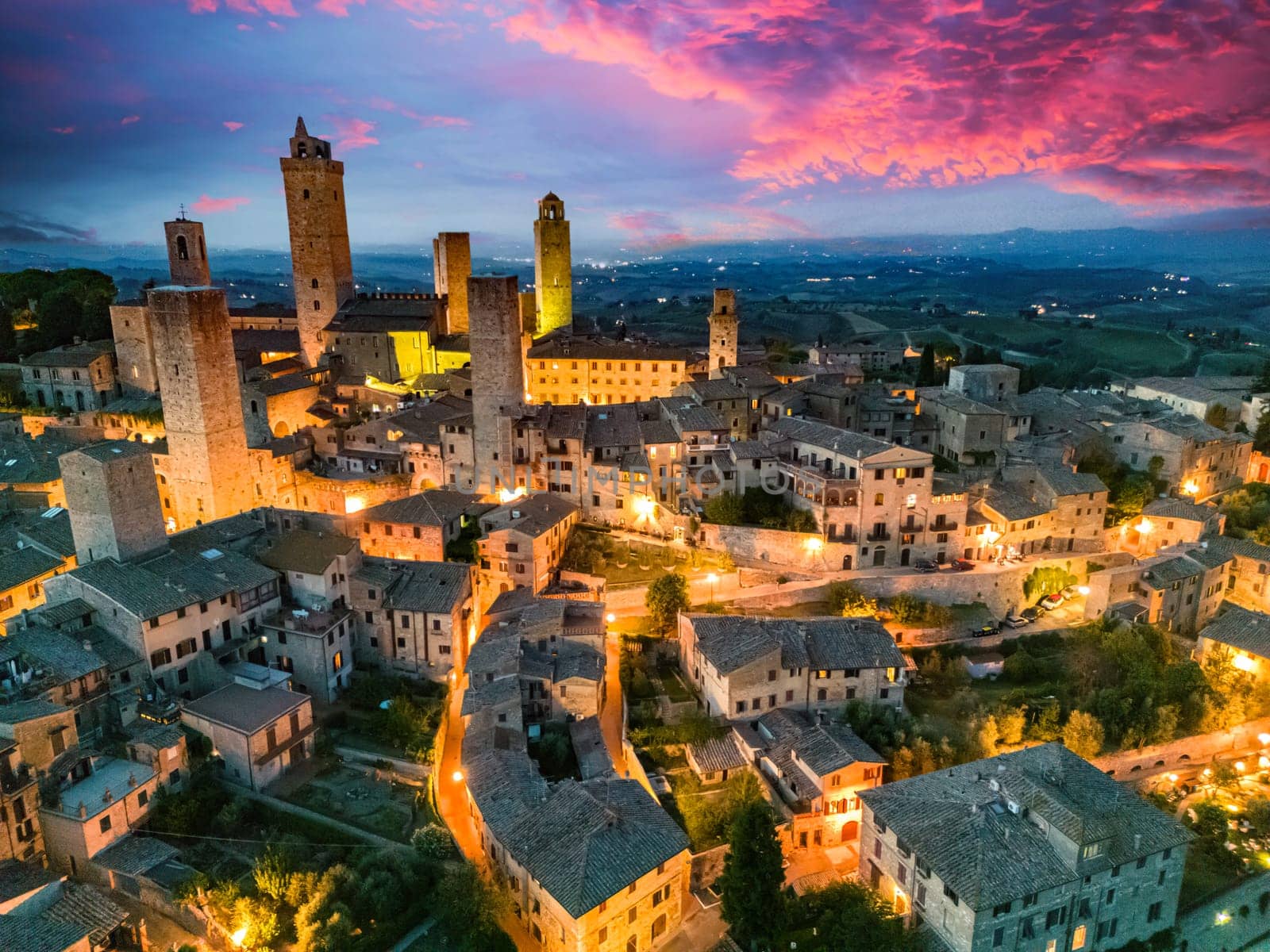 Aerial view of San Gimignano, a walled medieval hill town in the province of Siena, Tuscany, Italy