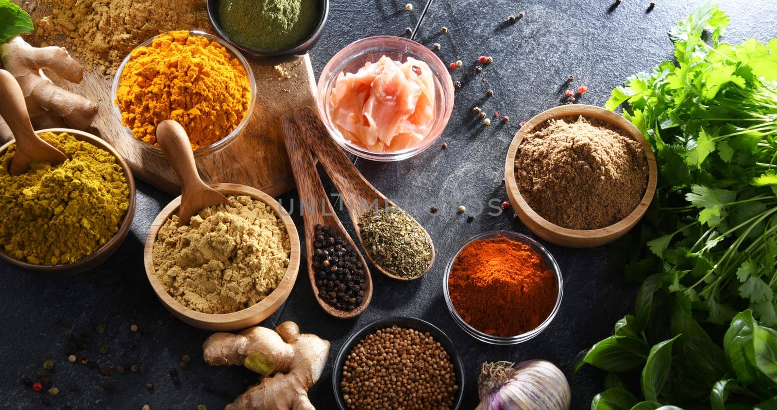 Composition with assortment of spices and herbs.