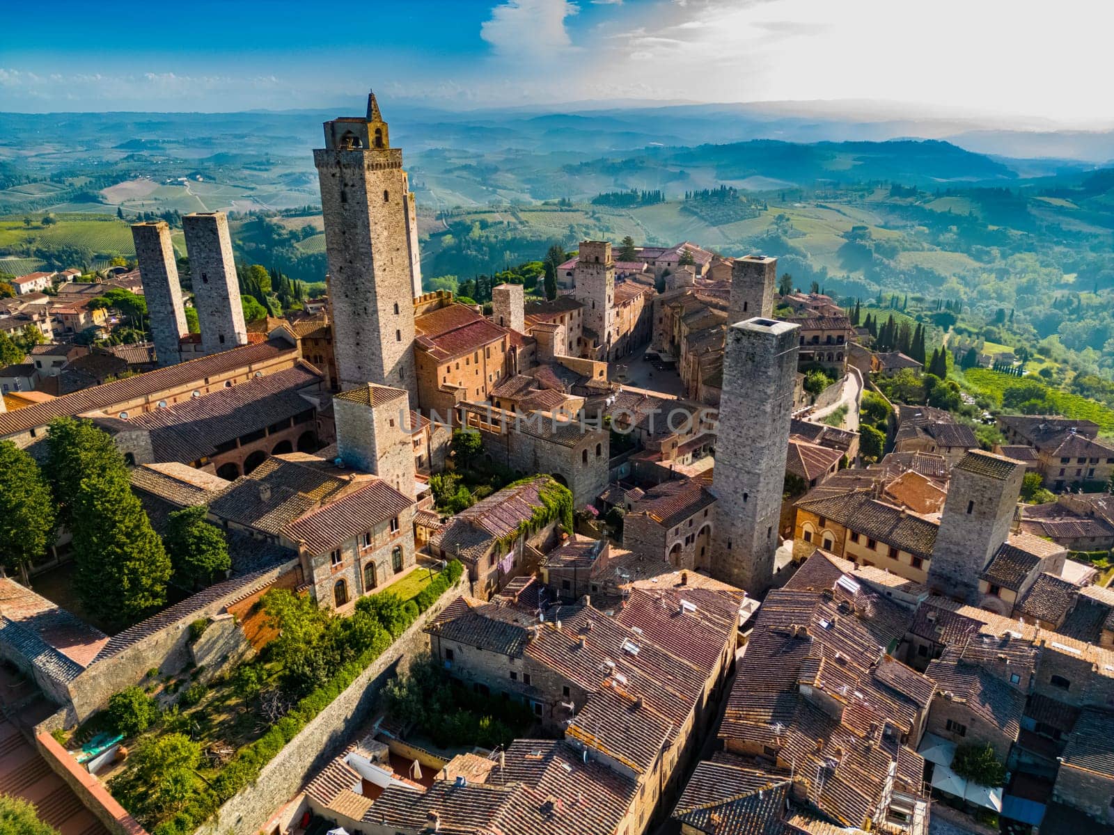Aerial view of San Gimignano, a walled medieval hill town in the province of Siena, Tuscany, Italy
