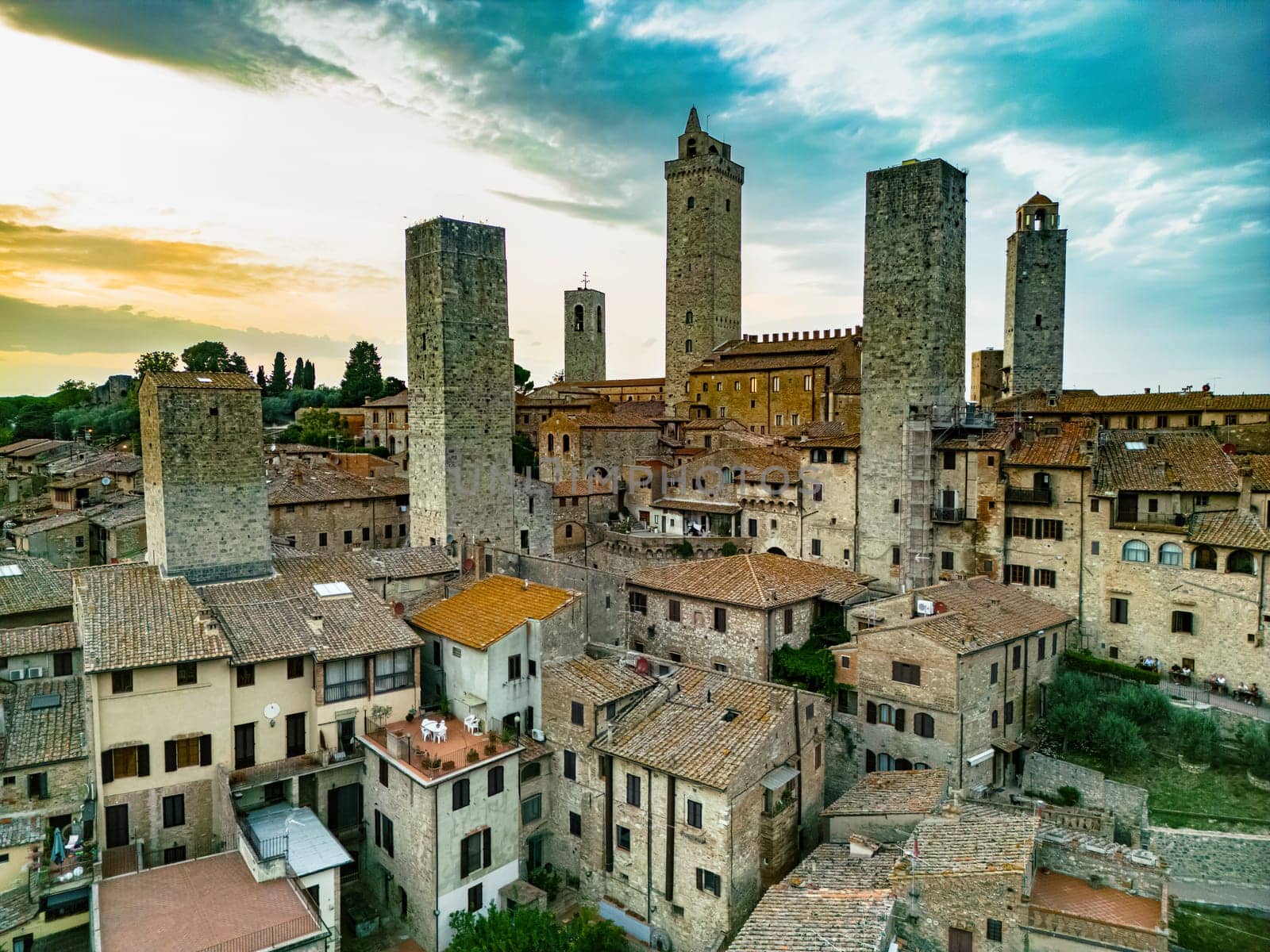 Aerial view of San Gimignano, a walled medieval hill town in the province of Siena, Tuscany, Italy