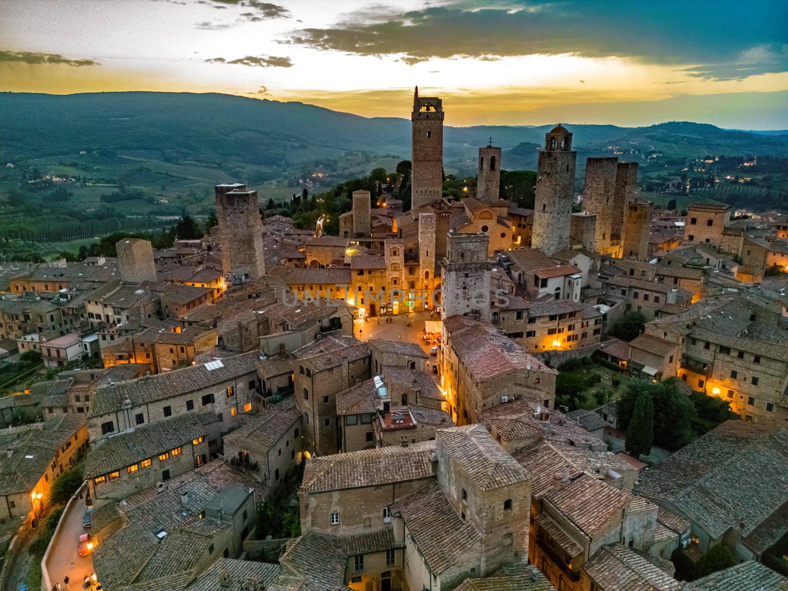 Aerial view of San Gimignano, a walled medieval hill town in the province of Siena, Tuscany, Italy