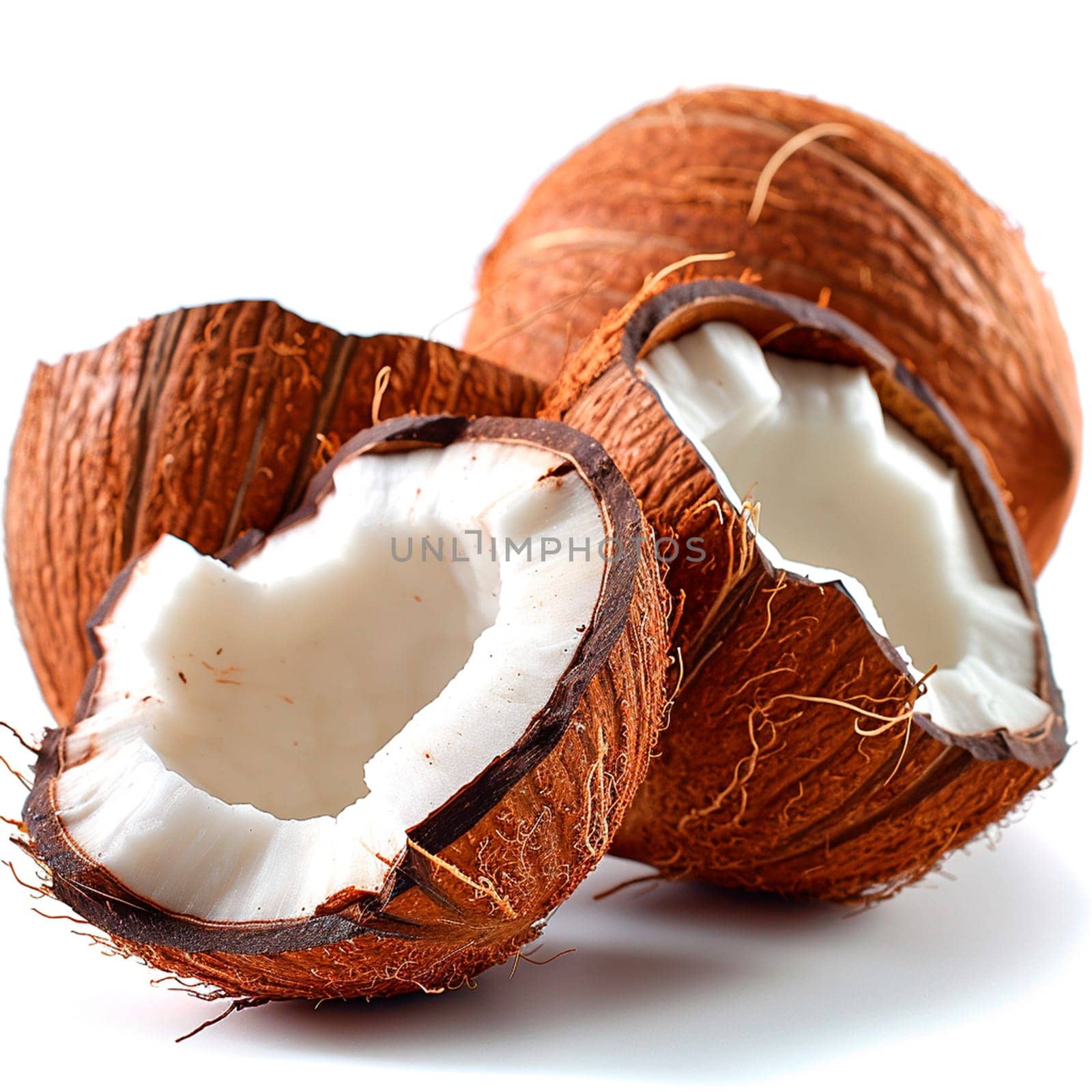 Ripe coconut, coconut pulp, coconut juice, isolated white background AI generated image
