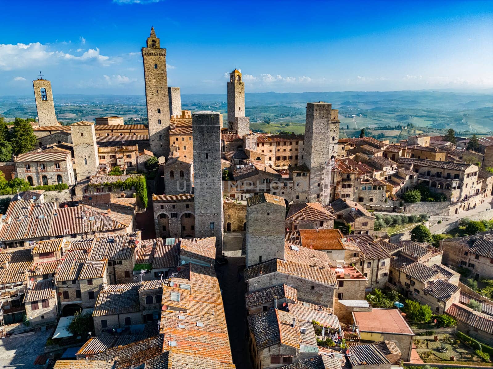 Aerial view of San Gimignano, a walled medieval hill town in the province of Siena, Tuscany, Italy