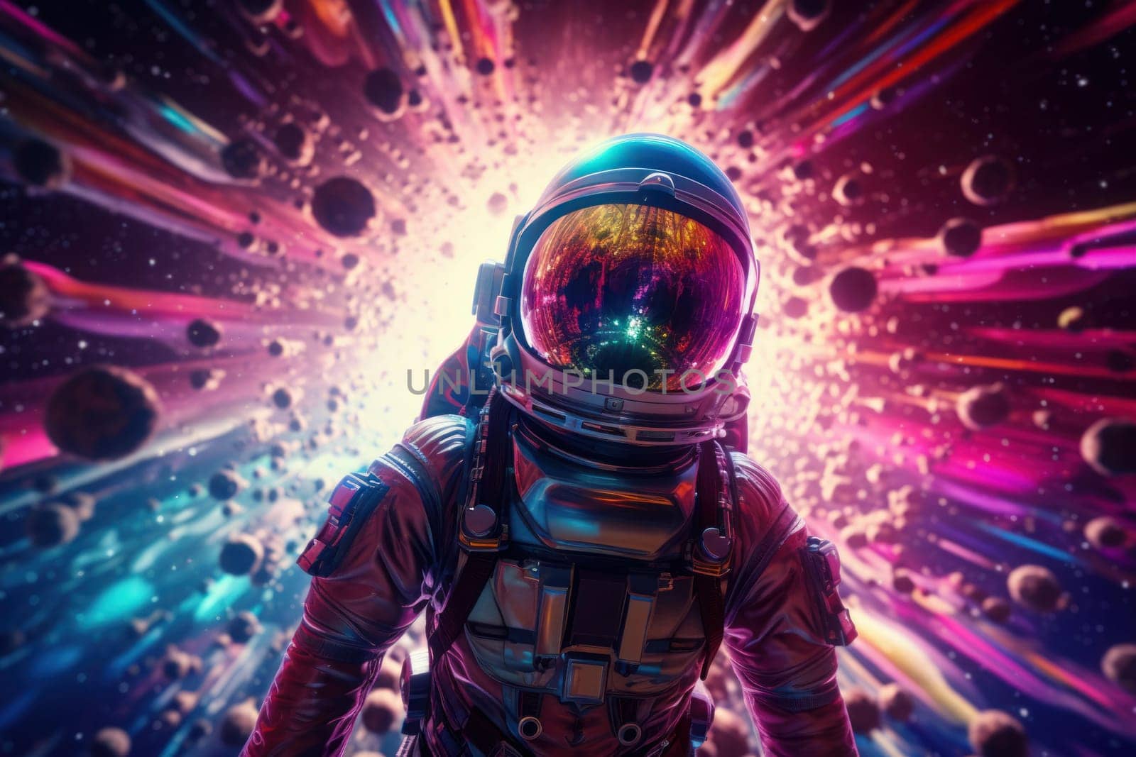 Astronaut retro neon. Spaceman event. Generate Ai