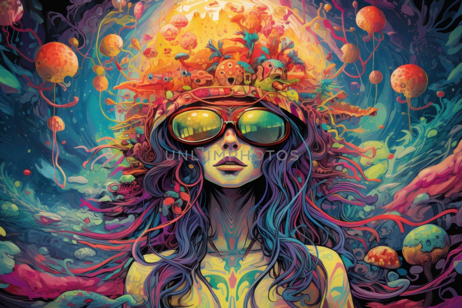 Psychedelic elegance woman with makeup. Female model in colorful outfit and headwear. Generate ai