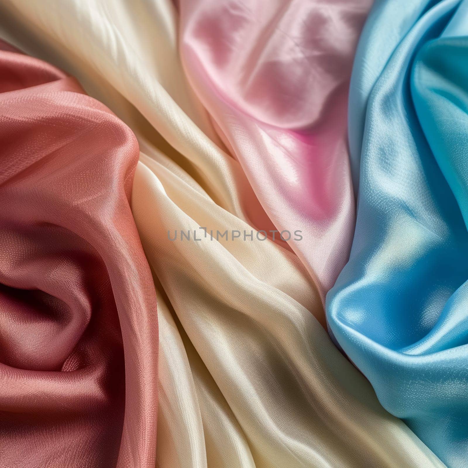 Elegant silky fabrics in a graceful flow, showcasing a beautiful gradient of colors from pink to blue