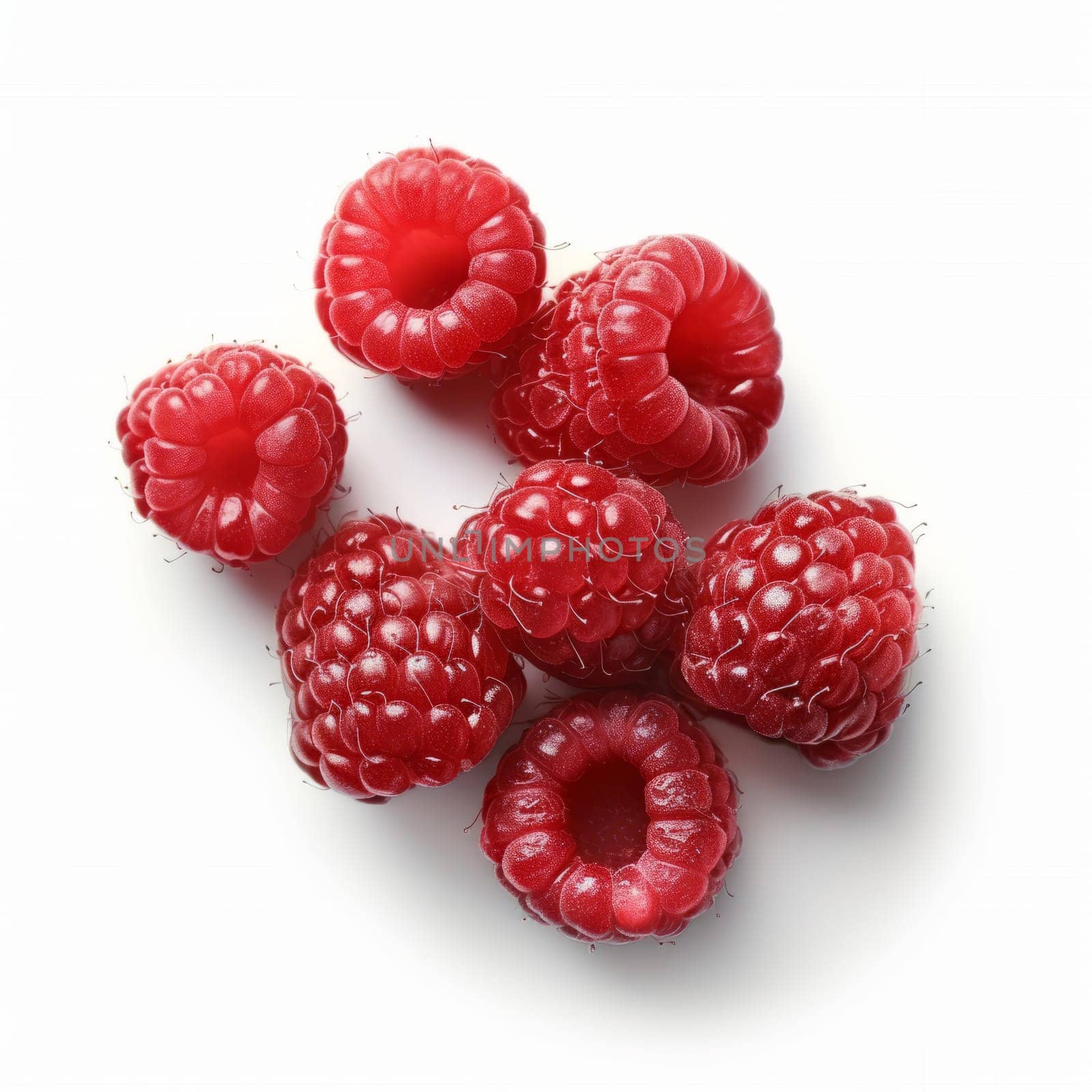 Close-up of fresh, juicy raspberries on a white background