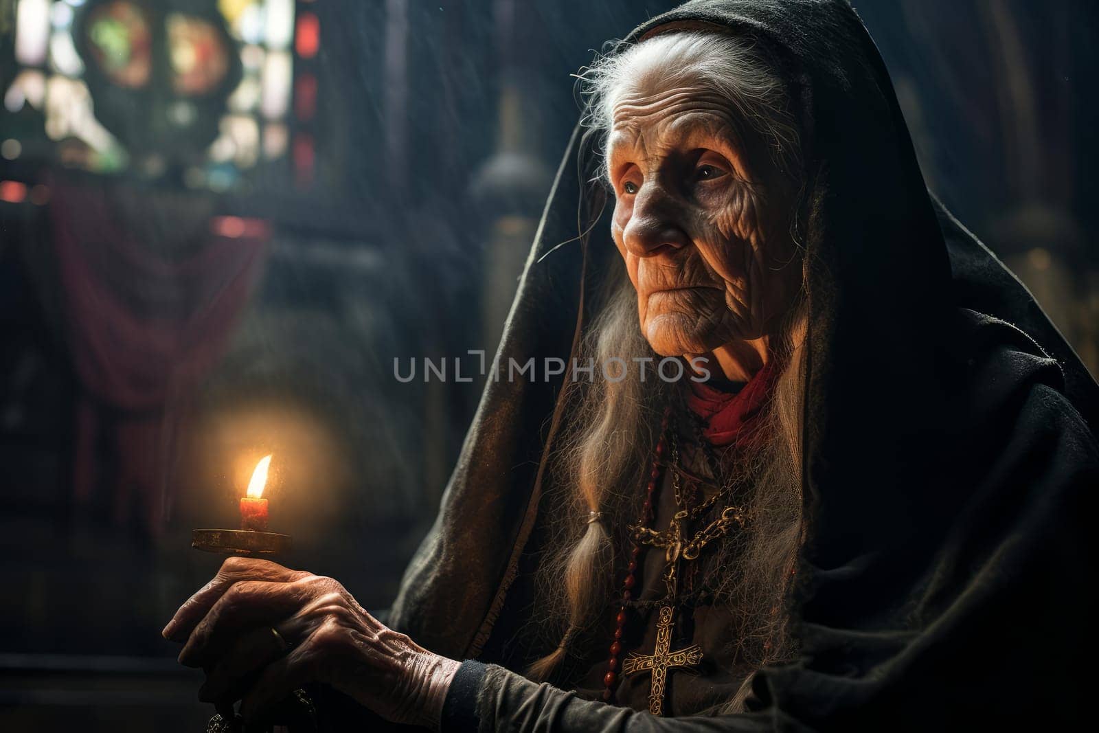 Priest old woman church. Religious belief. Generate Ai