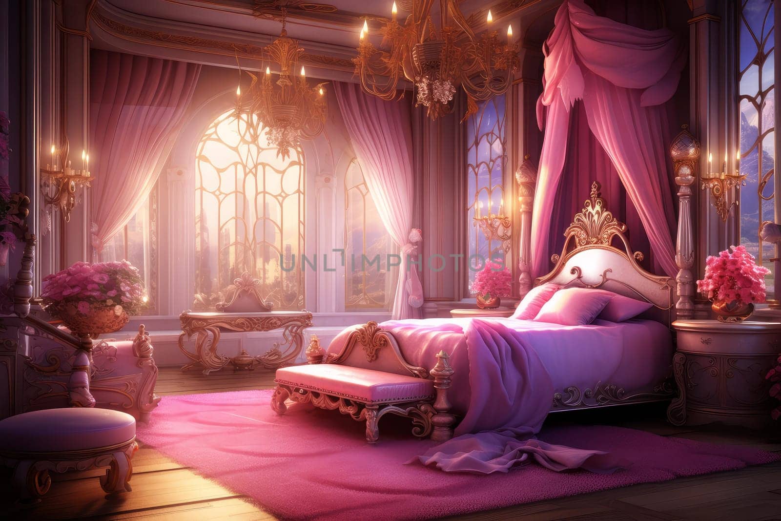 Princess pink bedroom. Interior furniture. Generate Ai