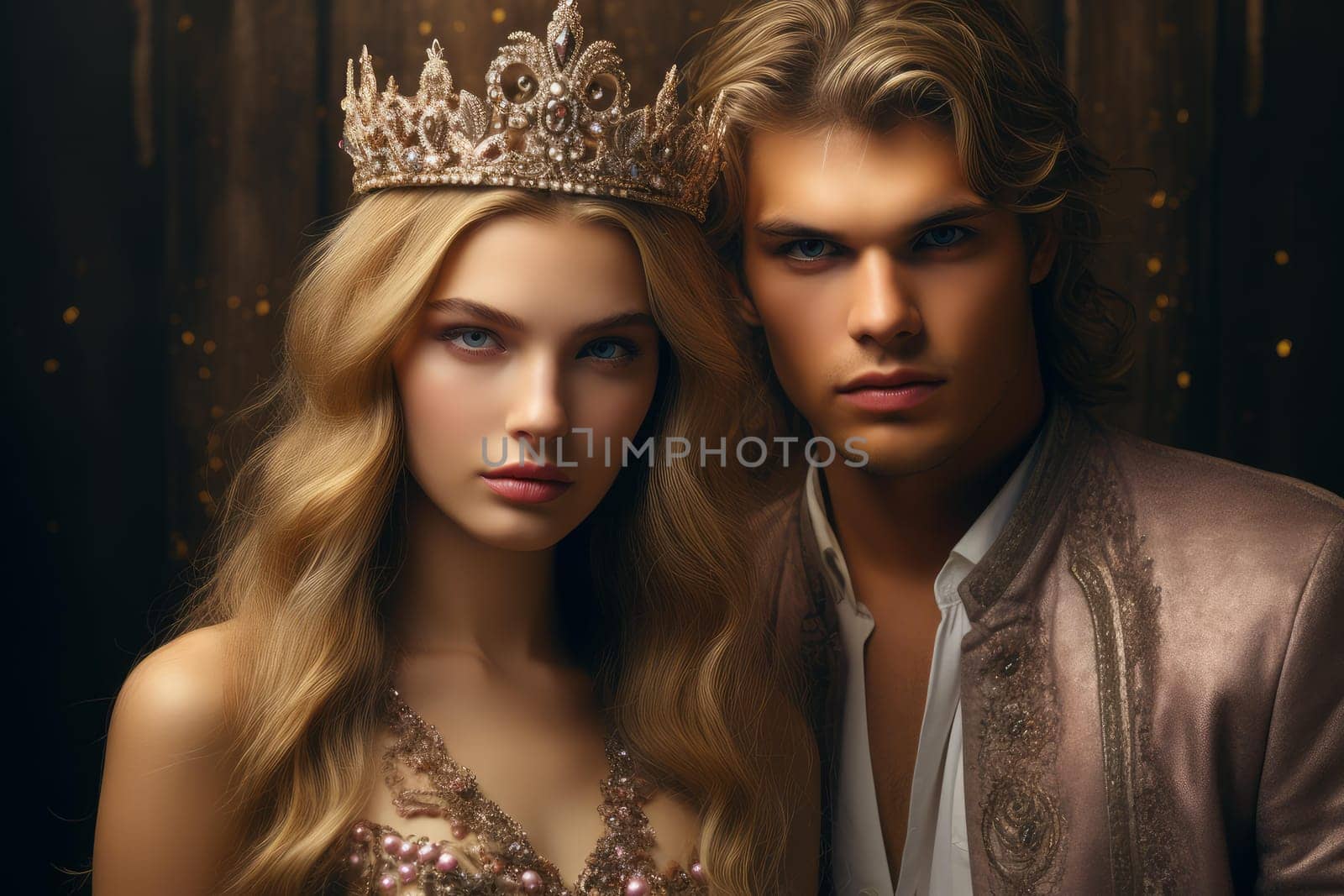Princess with crown with her prince. Royal fairytale couple. Generate ai