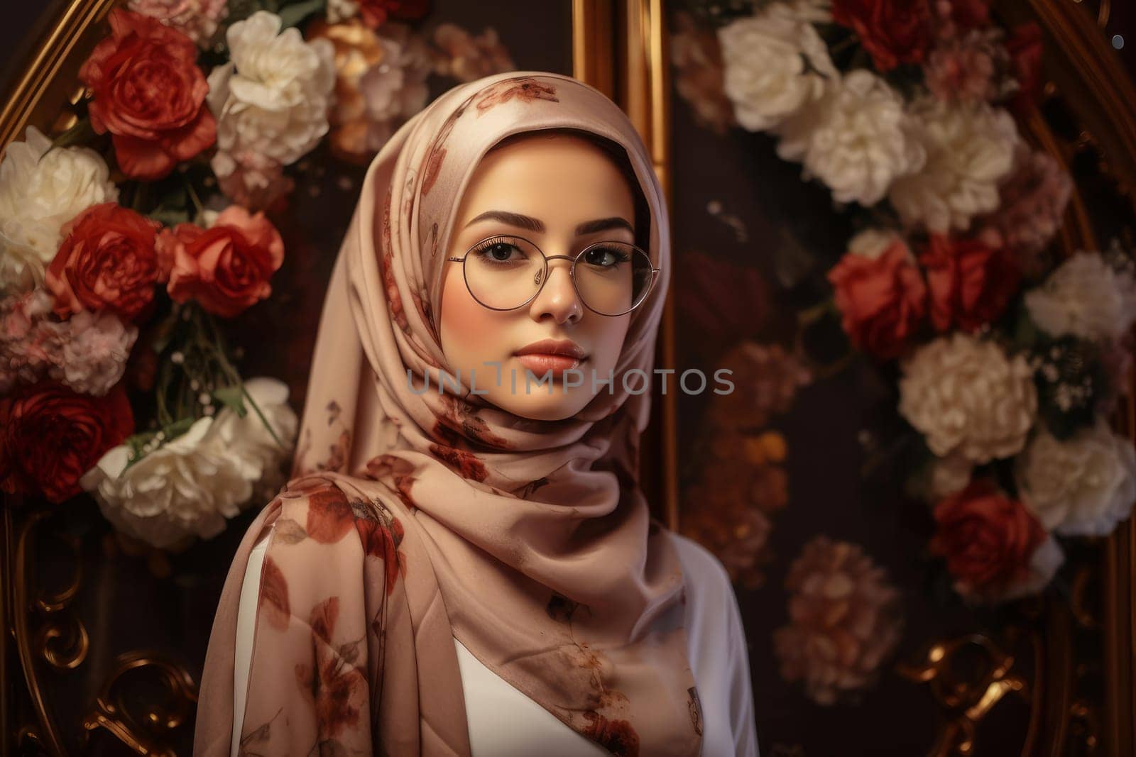 Pretty woman in sunglasses and hijab. Islamic corporate arab professional. Generate Ai